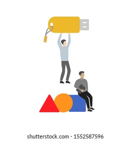 Set of flat cartoon character isolated with man and usb flash drive, man and figures