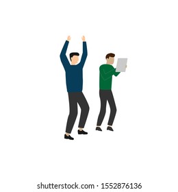 Set of flat cartoon character isolated with man raised his hands up, man and tablet