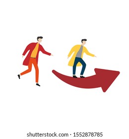 Set of flat cartoon character isolated with man on arrow, man is running