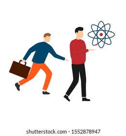 Set of flat cartoon character isolated with man and atom sign, man with a briefcase.