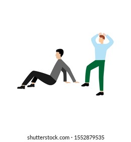 Set of flat cartoon character isolated with man sitting, man stands hands behind his head.