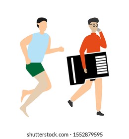 Set of flat cartoon character isolated with man running, man and sd card