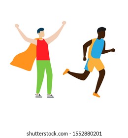 Set of flat cartoon character isolated with man in superhero cape and runner.