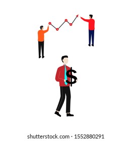 Set of flat cartoon character isolated with two people and graph, man and dollar sign.