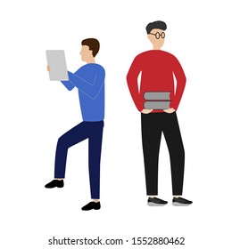 Set of flat cartoon character isolated with man with tablet, man with books.