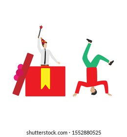 Set of flat cartoon character isolated with man in box, man dancing