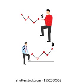 Set of flat cartoon character isolated with two people and a graph with dollar