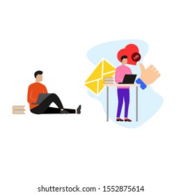 Set of flat cartoon character with man sitting with laptop, man stands behind steel with laptop