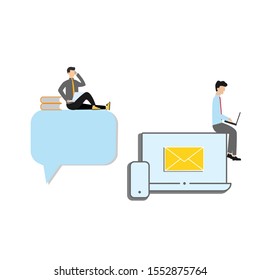 Set of flat cartoon character with man and speech bubble, man sitting on laptop