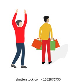 Set of flat cartoon character with man raised his hands up, man with bags