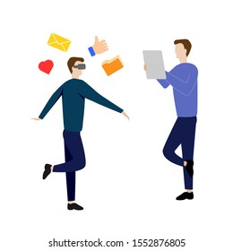 Set of flat cartoon character with man in glasses of vertical reality, man with tablet