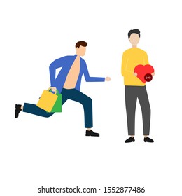Set of flat cartoon character with man with bag, man and heart shape.