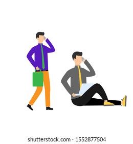 Set of flat cartoon character with man with bag, man talking on the phone