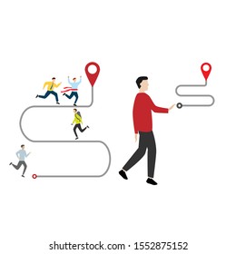 Set of flat cartoon character with people running, route on the map, man and location sign
