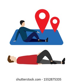 Set of flat cartoon character with people and location sign, man lies