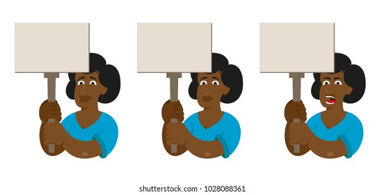Set flat cartoon characters black women feminism power with different emotion which keep a sign without slogan take part in protest for freedom rights women people. Modern vector illustration style