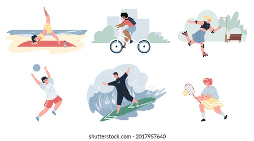 Juego de caricaturas planas haciendo actividades deportivas al aire libre en verano-yoga, ciclismo, patinaje sobre ruedas, surf, bádminton, voleyball.Concepto social de estilo de vida deportivo, diferentes poses y emociones