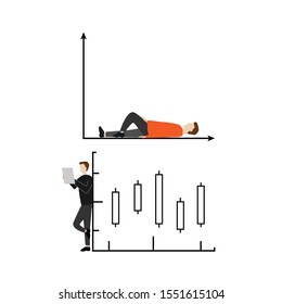 Set of flat cartoon characters isolated with man lying on a graph and a man standing with a tablet near a financial graph