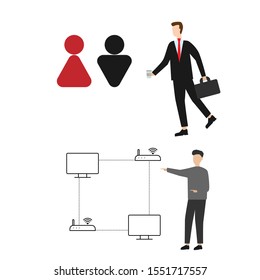Set of flat cartoon characters isolated with man and toilet sign, men internet technology sign