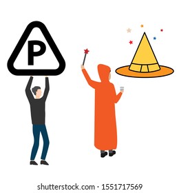 Set of flat cartoon characters isolated with a man with a parking sign and a man in a cloak with a magic wand and a hat for Halloween