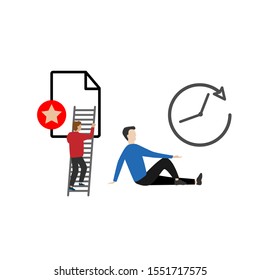 Set of flat cartoon characters isolated with a man on a step ladder and a selected document sign, a man sitting and a clock sign