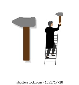 Set of flat cartoon characters isolated with a man on a ladder with a hammer
