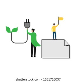 Set of flat cartoon characters isolated with man and renewable energy sign, man with yellow flag and document