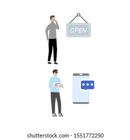 Set of flat cartoon characters isolated with man and open sign, man with phone and message sign