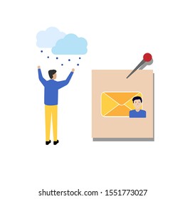 Set of flat cartoon characters isolated with man and cloud with snow, paper note with needle and message sign.