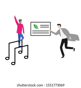 Set of flat cartoon characters isolated with man and musical notes, man and postcard.