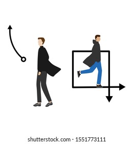 Set of flat cartoon characters isolated with man in cloak and curved arrows.