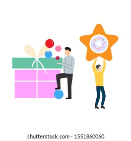 Set of flat cartoon characters isolated with man gift box.
