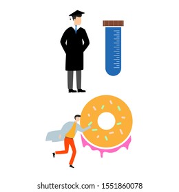 Set of flat cartoon characters isolated with man and test tube, man and donut.