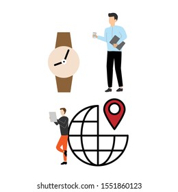 Set of flat cartoon characters isolated with man and wristwatch, man and planet sign
