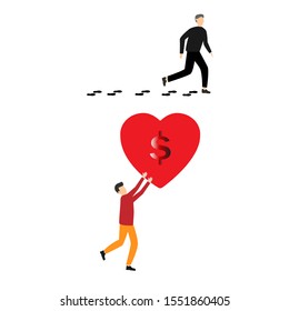 Set of flat cartoon characters isolated with man leaves footprints, man and heart with a dollar sign