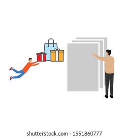 Set of flat cartoon characters isolated with man boxes for gifts, man and documents.