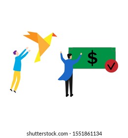 Set of flat cartoon characters isolated with man and paper bird, man and dollar.