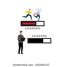 Set of flat cartoon characters isolated with two people running and loading sign, man with laptop and loading sign