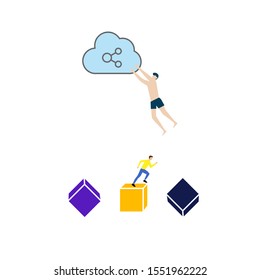 Set of flat cartoon characters isolated with man and cloud with share sign, man and cubes.