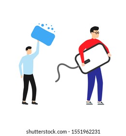 Set of flat cartoon characters isolated with man and soap, man and mouse