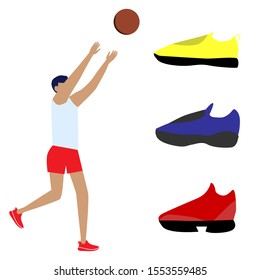 Set of flat cartoon characters isolated with man playing basketball, set of sneakers