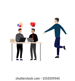Set of flat cartoon characters isolated with two people at a table with laptops, a man stands on one leg