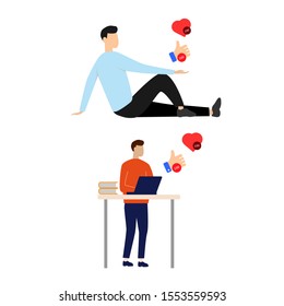 Set of flat cartoon characters isolated with two people and like signs.