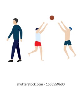 Set of flat cartoon characters isolated with two people playing valeyball, man is walking