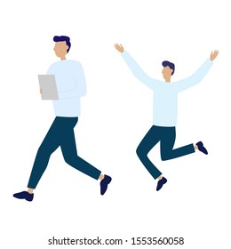 Set of flat cartoon characters isolated with man with tablet, man rejoices.