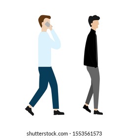 Set of flat cartoon characters isolated with man talking on the phone, man is walking