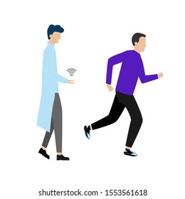 Set of flat cartoon characters isolated with man running, man and wifi sign.
