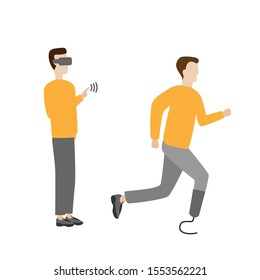 Set of flat cartoon characters isolated with man in glasses of vertical reality, man with prosthetic legs.