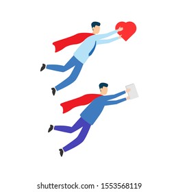 Set of flat cartoon characters isolated with two people in a superhero cloak.