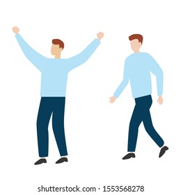 Set of flat cartoon characters isolated with man walking, man rejoicing